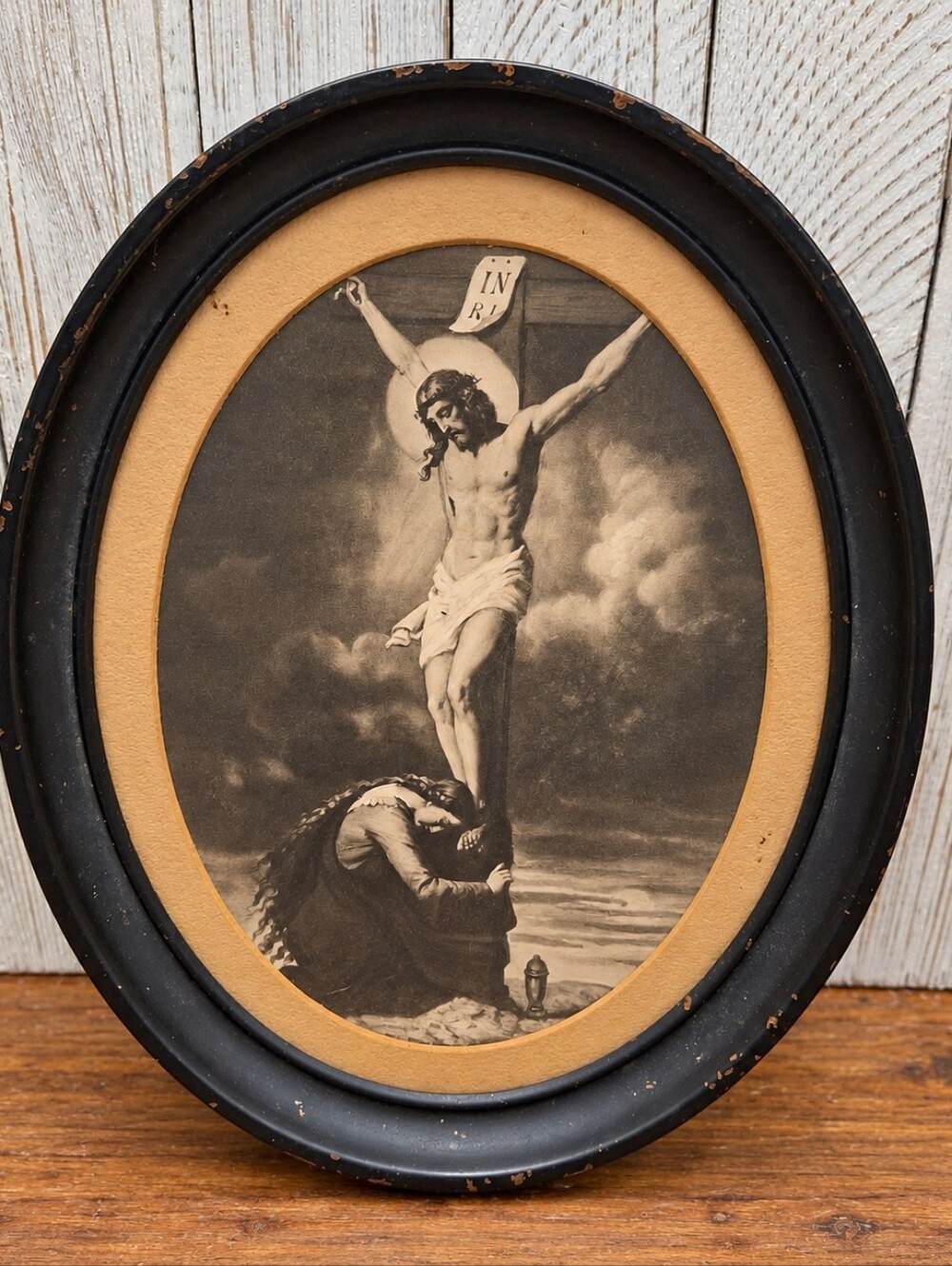 Vintage 10x8 Oval Crucifixion Jesus Christ Mary Magdalene Framed Print
